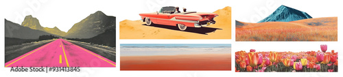 Retro landscape collage png cut out element set