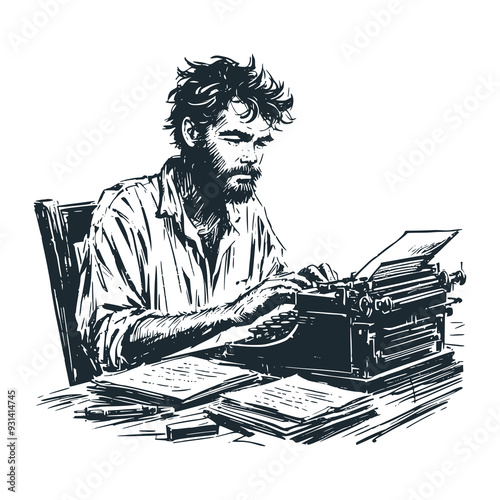 The writer is typing. Black white vector illustration.