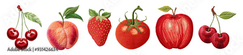 cute fruit embroidery style png cut out element set