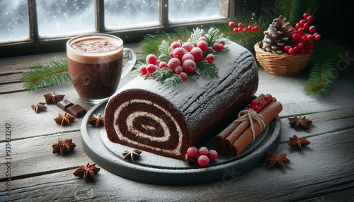 Festive Christmas Chocolate Yule Log Cake, Bûche de Noël, with Hot Chocolate and Holiday Decorations Close Up.