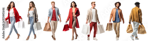 Diverse shoppers carrying shopping bags png cut out element set