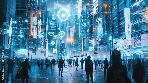 A futuristic cityscape where humans and AI robots interact harmoniously in everyday life. Advanced holographic interfaces and seamless technological integration create a vibrant, interconnected