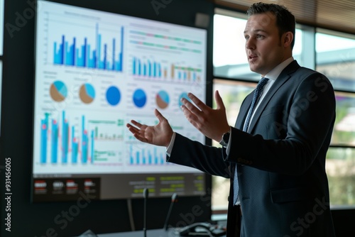 A professional presenter explains investment analysis, highlighting charts and graphs in a corporate meeting.