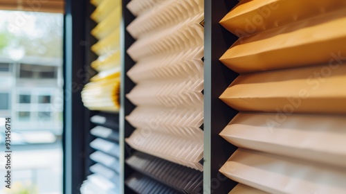 A close-up view of various pleated fabric blinds in different shades and textures, showcasing the intricate patterns and elegant design.