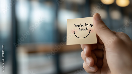 hand holding sticky note with words You're doing great! and a smiley face, blurred office background, positivity and encouragement concept