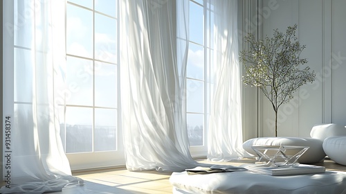 Sunlight streams through sheer curtains in a modern white living room with a white ottoman and a glass table.