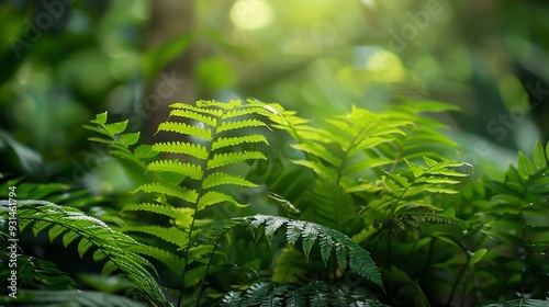 Fresh green Lygodium ferns Yanliphao perhed on the trees in swamp forest wetlands Rayong Botanic Garden famous attractions landmark Rayong ProvinceThailand : Generative AI