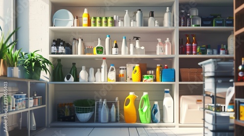 A tidy storage shelf stocked with various household cleaning products, bottles, and sprays, brightly lit by sunlight from the window.