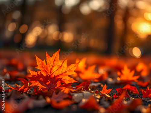 Autumn colorful bright leaves on tree in autumnal park. Autumnal pattern background fall backdrop. Raindrops and serene sunset light, soft focus bokeh blur tranquil. Magical mood, colorful foliage. AI