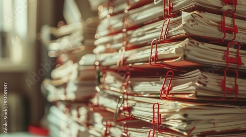 Stacks of paperwork organized in red clips create a visual of bureaucratic overload in a dimly lit office.