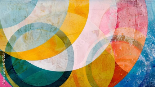 A vibrant, abstract painting featuring overlapping circles in bright, translucent colors, creating a dynamic and playful composition.