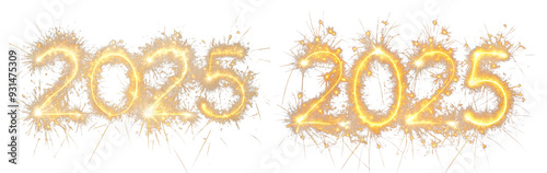 Happy New Year 2025. Burning sparkly text 2025 isolated on a transparent background. Beautiful glowing design element for greeting cards and holiday flyers