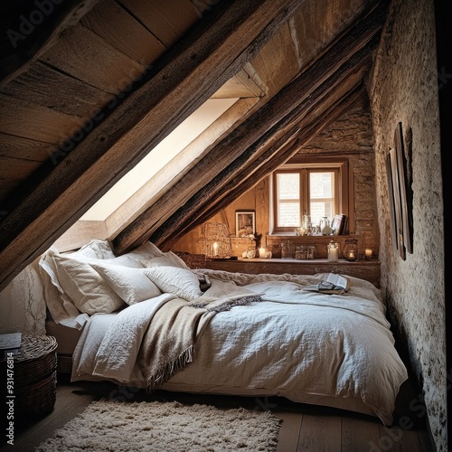 A snug attic space transformed into a bedroom, with sloped ceilings, rustic decor, and a comfortable bed