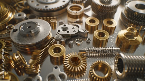 A mesmerizing display of brass gears and steel machinery parts are arranged meticulously, showcasing the beauty of mechanical precision and design.