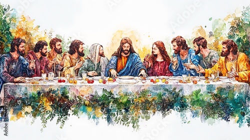 Watercolor Illustration of the Last Supper with Jesus and His Disciples.