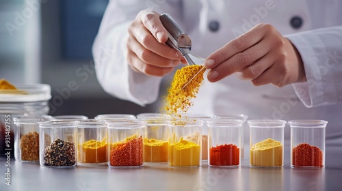 Close-up of a food product development technician measuring precise quantities of spices, with a light solid color background