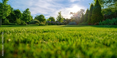 A large, lush green lawn with a few trees and bushes in the background. The sun is shining brightly, making the grass look even greener