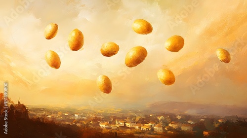 Potatoes falling from a painterly sky, impressionist art style, soft and blurred brushstrokes, warm evening light, peaceful village below, serene and nostalgic mood