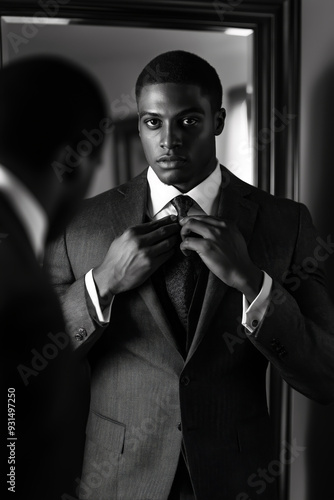 Black and white image of an African man adjusting his tie in front of a mirror, wearing a tailored suit, with a focused expression.