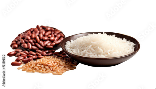 Variety of different grains including white rice, red beans, and brown rice displayed in a bowl, cutout, png