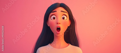 3D Cartoon of a Young Hispanic Woman with Long Hair Standing in Front of a Pink Background Having a Shocked and Skeptical Expression Mouth Open in Surprise