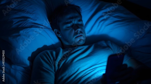 Person in bed with a smartphone, sleep tracker showing poor sleep quality, dark room, blue light illuminating face, emphasizing sleep disruption, tired and restless mood