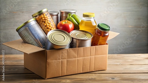 Food donation box filled with canned goods and non-perishable items, donation, charity, generosity