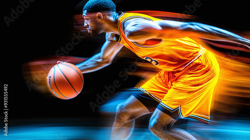 an abstract dynamic phoyo of a player dribbling a basketball, blurred motion