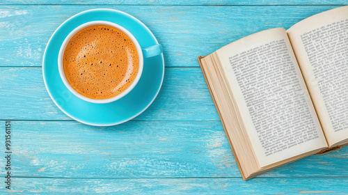 A cozy scene featuring a steaming cup of coffee beside an open book on a rustic blue wooden table.