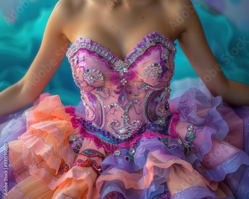 Quinceanera celebration, vibrant dress, joyful atmosphere, detailed decorations, bright colors