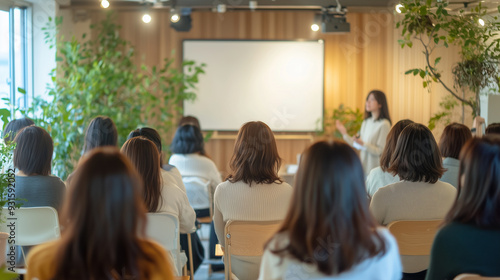 女性のためのセミナー/女性講師の話を真剣に聞く参加者たち