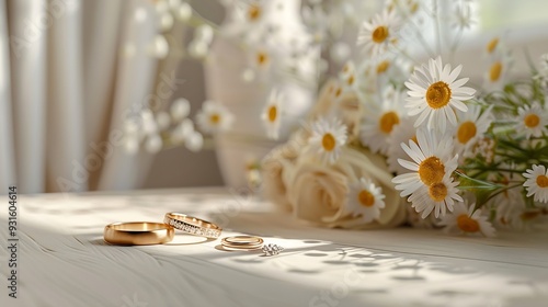 Elegant wedding rings placed on beige surface in light room with minimalist interior : Generative AI