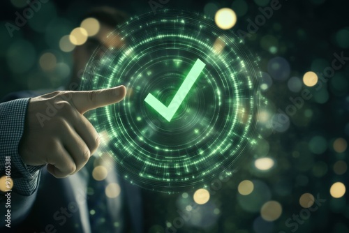 Businessman Pointing at Glowing Green Checkmark Icon