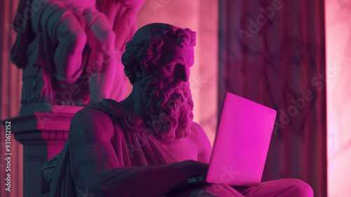 Ancient statue of Socrates illuminated by pink light while using a laptop. Concepts of technology blending with historical art and modern innovation.