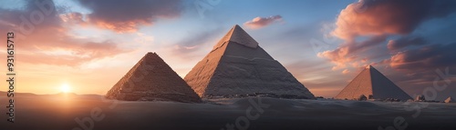 Stunning view of ancient pyramids at sunset, showcasing natural beauty and historical significance in a breathtaking landscape.