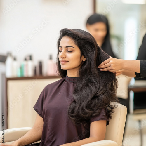 indian young woman getting her hair blow dried at a salon with maroon and cream color interior