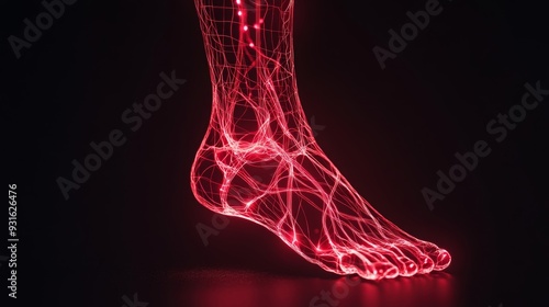 Glowing red nerve lines spreading from feet on dark gradient background symbolizing diabetic neuropathy pain and discomfort nerve damage illustration 