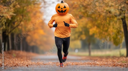 Pumpkin-headed runner strides powerfully against the backdrop of strikingly colored fall foliage during a Halloween marathon 