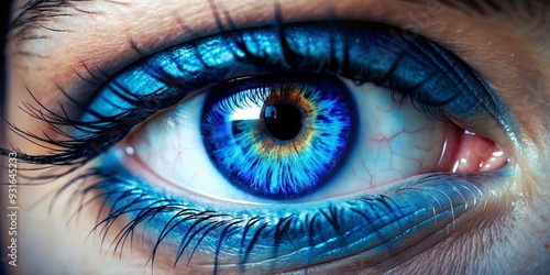 A Close-Up View of a Woman's Blue Eye with Shimmering Makeup, human eye , blue eye , makeup , beauty