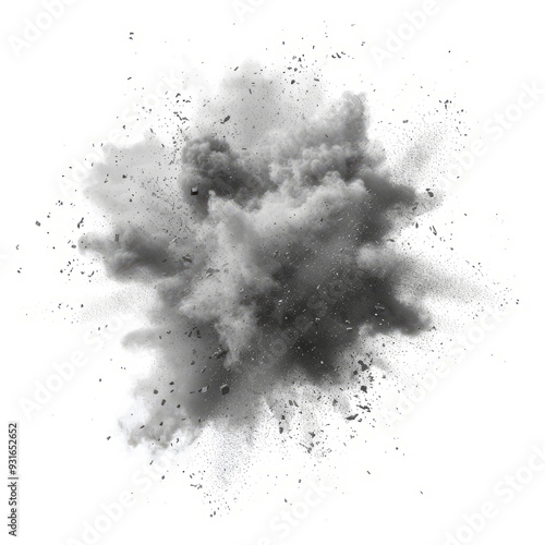 A surreal explosion of soft dust particles, creating a swirling cloud effect with shades of gray on white.