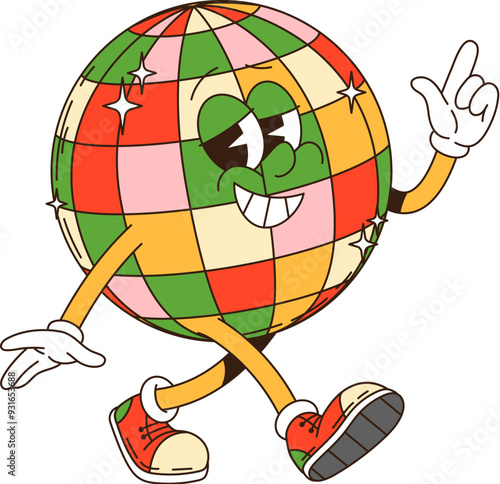 Retro groovy Christmas disco ball character. Vector festive personage with colorful facets and a cheerful smile, strutting confidently. Checkered, lively sphere adds playful vibe to xmas celebration