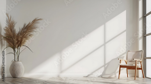 A minimalist living room with a white chair and a vase of dried flowers against a white wall with sunlight streaming through a window.