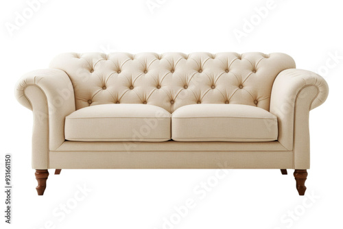 Classic cream colored sofa front view with tufted backrest and squared arms isolated on transparent background 