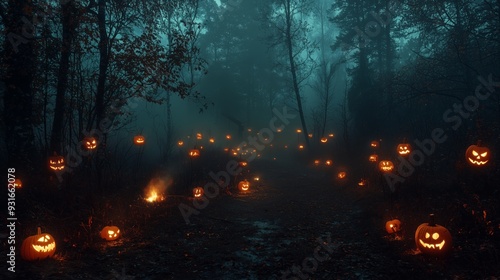 A dark forest path lined with glowing jack-o'-lanterns, leading into the mist, creating a haunting and mysterious Halloween scene.