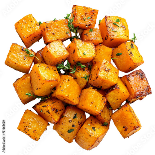 Top view of a serving of roasted butternut squash with herbs sprinkled over caramelized cubes isolated on transparent background 