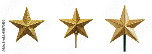 A collection of glittery gold Christmas tree star toppers isolated on a transparent background perfect for holiday decoration