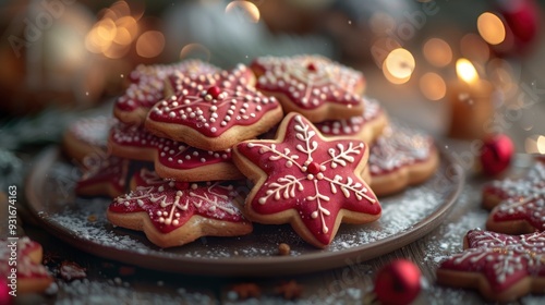 Many cookies that are on a plate with candles