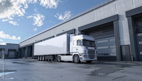 Camion de transport logistique devant un entrepôt en cours de chargement devant un quai