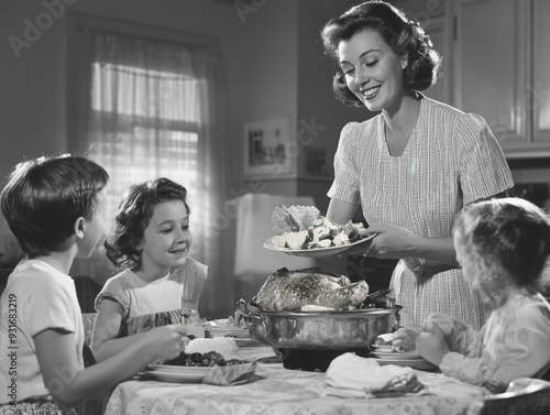 Vintage 1950s Family Dinner with Mother Serving Roasted Chicken