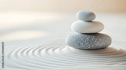 A balanced stack of smooth stones rests on sand with gentle ripples, symbolizing serenity, balance, and tranquility in a minimalist zen setting.